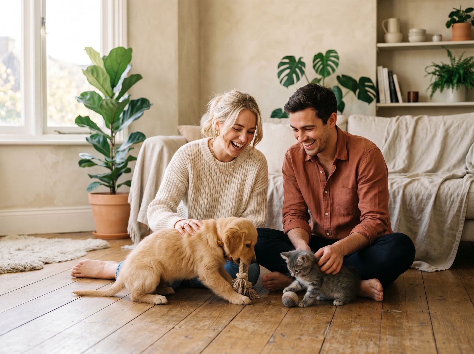 A family playing with their dog and kitten at home