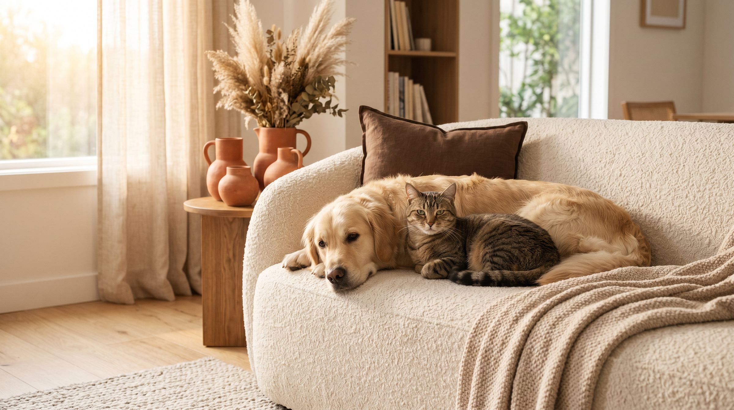 A dog and cat relaxing together at home