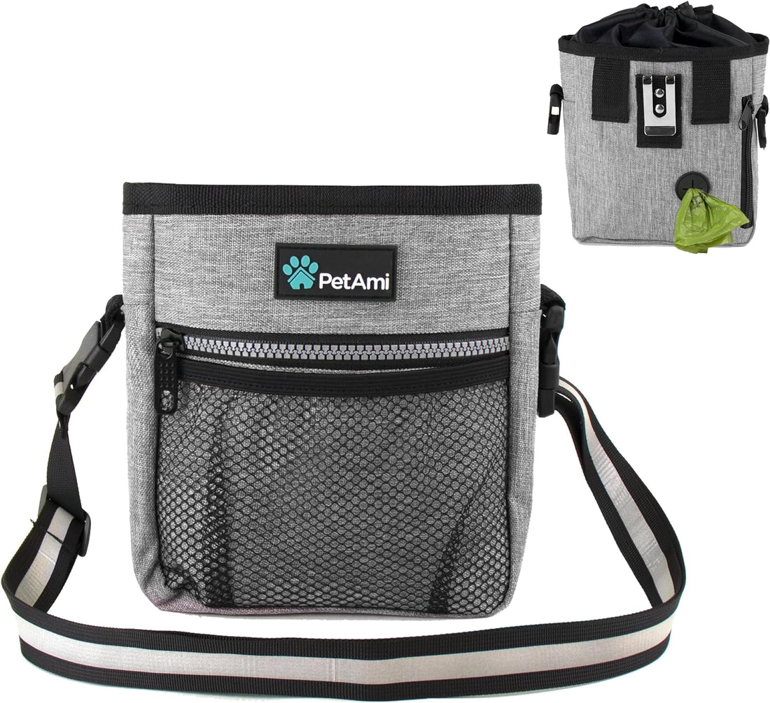 Dog Treat Pouch, Pet Treat Pouch for Training, Dog Walking Bag Holder for Kibbles, Pet Food Toy, Dog Trainer Essentials Supplies, Poop Bag Dispenser, 3 Ways to Wear (Heather Gray)