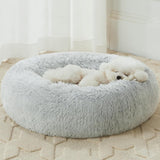 round Calming Small Dog Bed Cat Bed for Comfy Sleeping, Cute Washable Puppy Bed with Fluffy Plush, Faux Fur anti Anxiety Pet Bed Donut Cuddler (24 X 24 X 8 Inch, Light Grey)