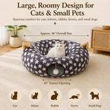 Large Cat Tunnel Bed under Christmas Tree with Fluffy Toy Balls, Small Cushion and Flexible Design- 10 Inch Diameter, 3 Ft Length- Great for Cats, and Small Dogs, Gray Star Pattern