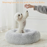 round Calming Small Dog Bed Cat Bed for Comfy Sleeping, Cute Washable Puppy Bed with Fluffy Plush, Faux Fur anti Anxiety Pet Bed Donut Cuddler (24 X 24 X 8 Inch, Light Grey)