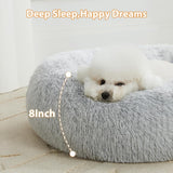 round Calming Small Dog Bed Cat Bed for Comfy Sleeping, Cute Washable Puppy Bed with Fluffy Plush, Faux Fur anti Anxiety Pet Bed Donut Cuddler (24 X 24 X 8 Inch, Light Grey)